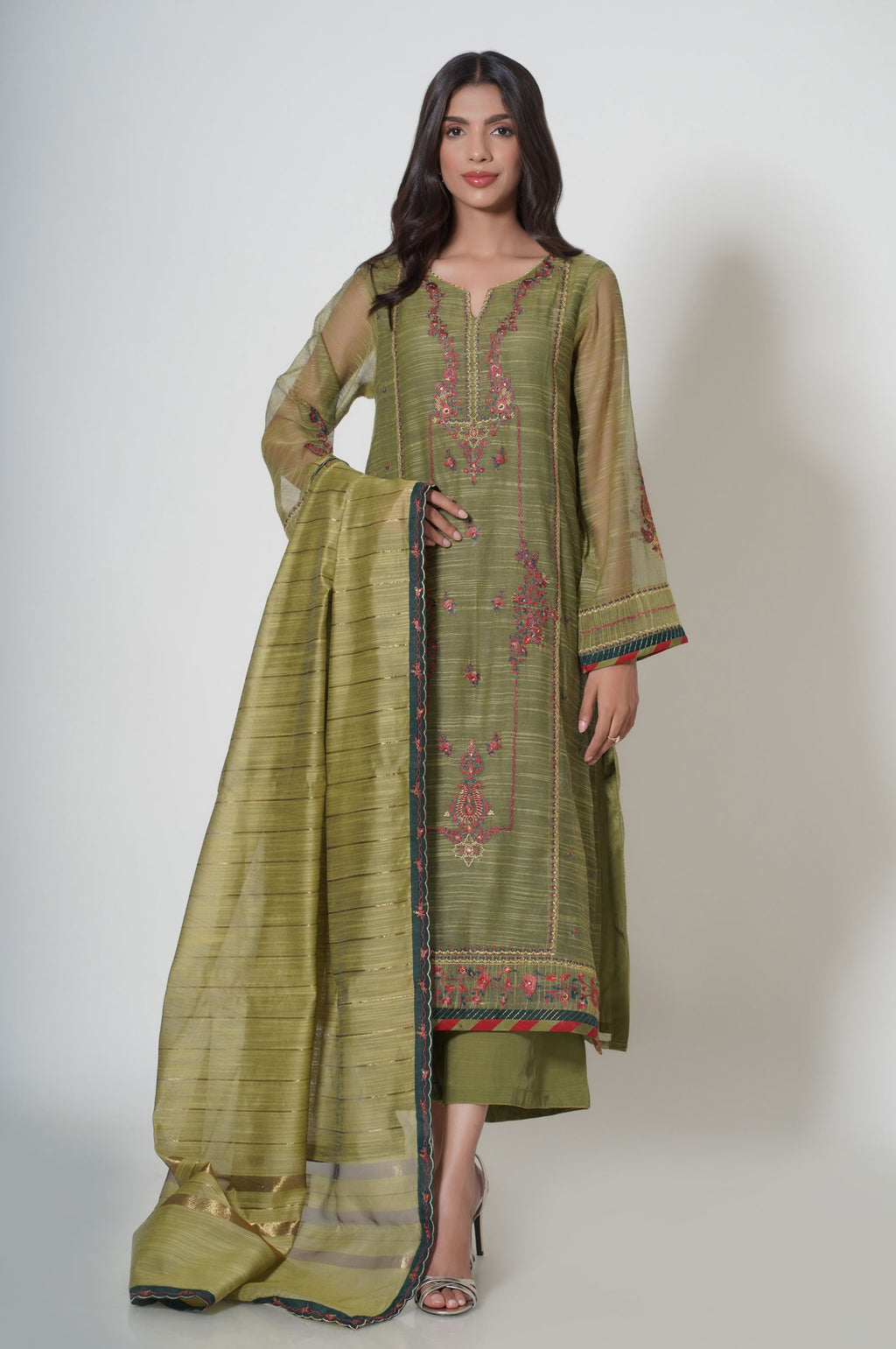 Unstitched 3 Piece Embroidered Slub Khaddi Net Suit