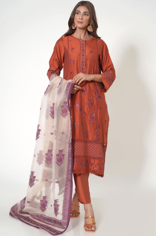 3 Pieces Unstitched Embroidered Cotton Silk Suit