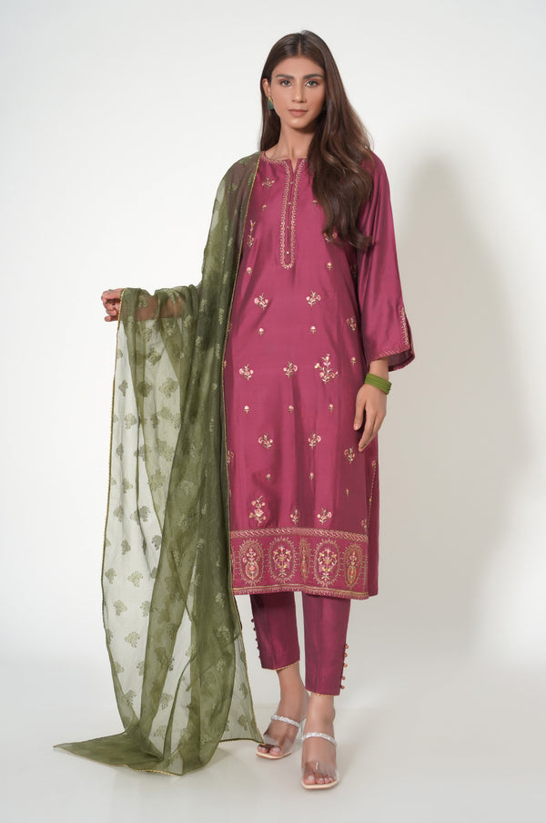Unstitched 3 Piece Embroidered Cotton Silk Suit