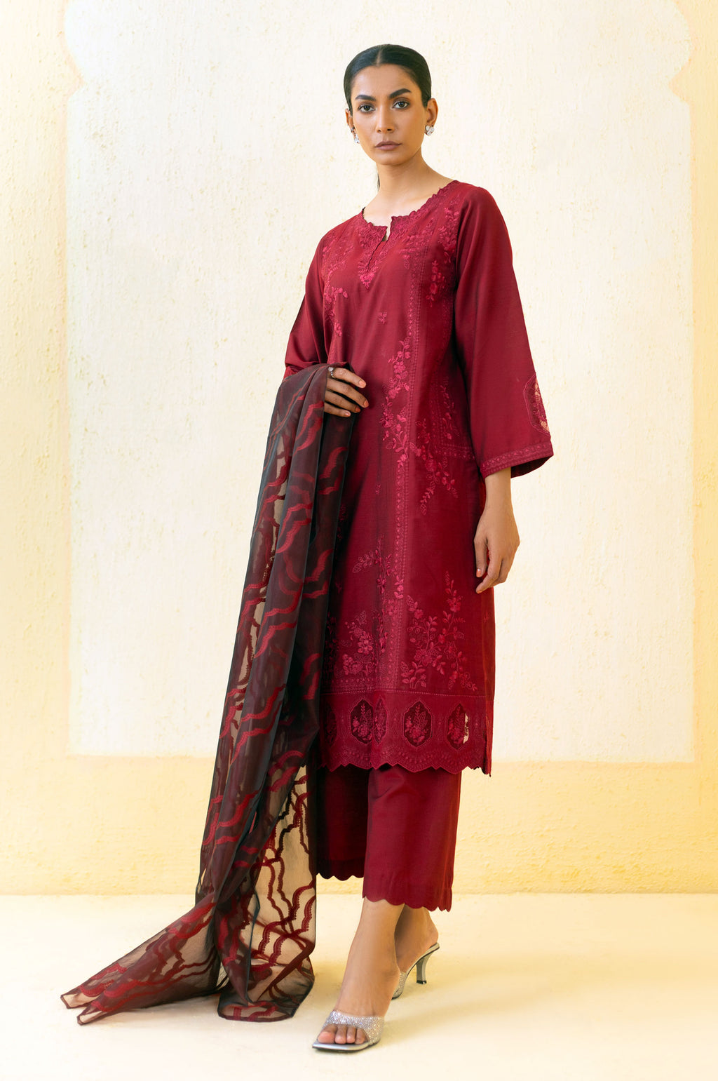 3 Piece Unstitched Embroidered Cotton Silk Suit