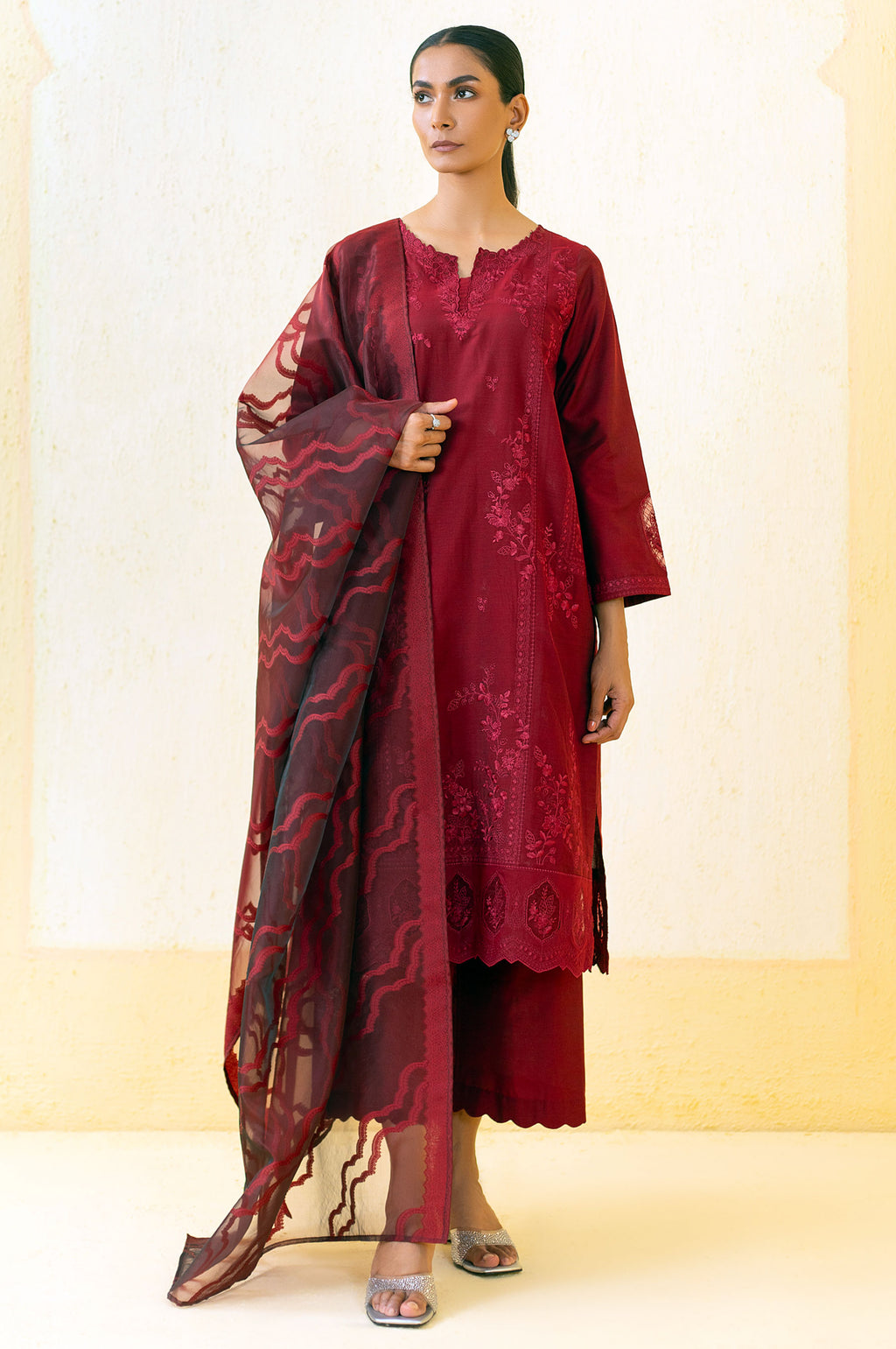 3 Piece Unstitched Embroidered Cotton Silk Suit