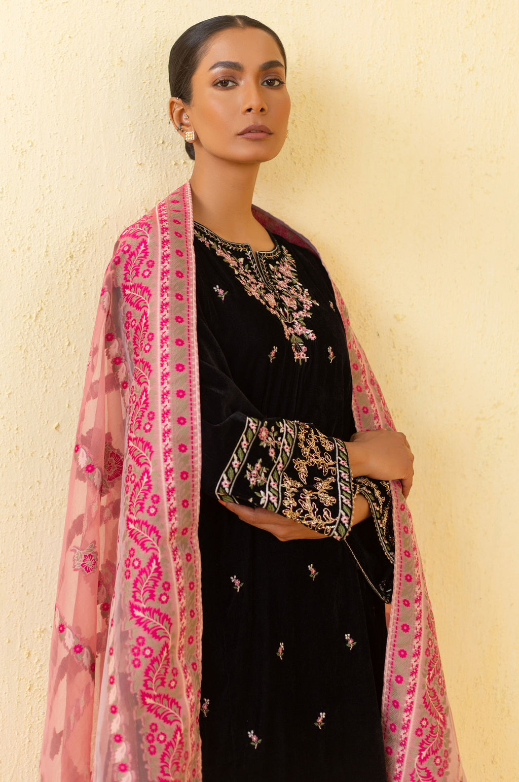 Unstitched 3 Piece Embroidered Velvet Suit - Black