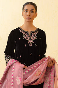 Unstitched 3 Piece Embroidered Velvet Suit - Black