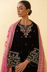 Unstitched 3 Piece Embroidered Velvet Suit - Black