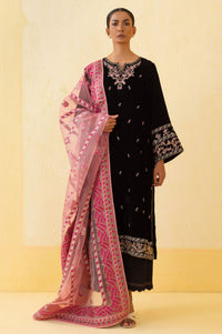 Unstitched 3 Piece Embroidered Velvet Suit - Black