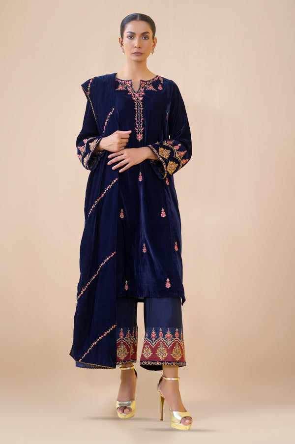 Unstitched 3 Piece Embroidered Velvet Suit - Blue