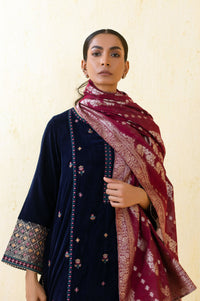 3 Piece Unstitched Embroidered Velvet Suit - Blue