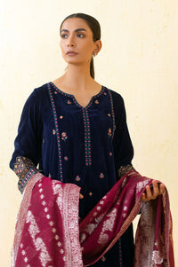 3 Piece Unstitched Embroidered Velvet Suit - Blue