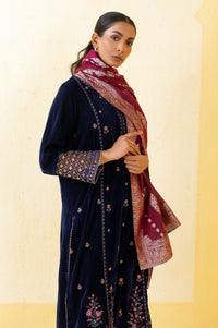 3 Piece Unstitched Embroidered Velvet Suit - Blue