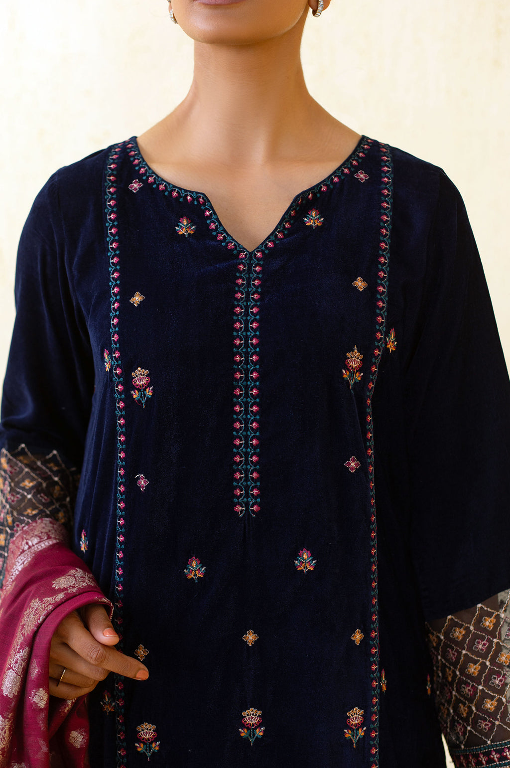3 Piece Unstitched Embroidered Velvet Suit - Blue