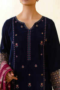 3 Piece Unstitched Embroidered Velvet Suit - Blue