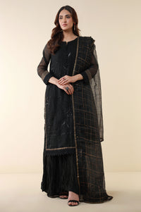 Unstitched 3 Piece Embroidered Khaddi Net Shirt With Checkered Lurex Dupatta