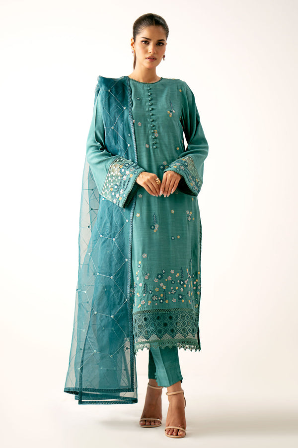 Unstitched 3 Piece Embroidered Raw Silk Suit