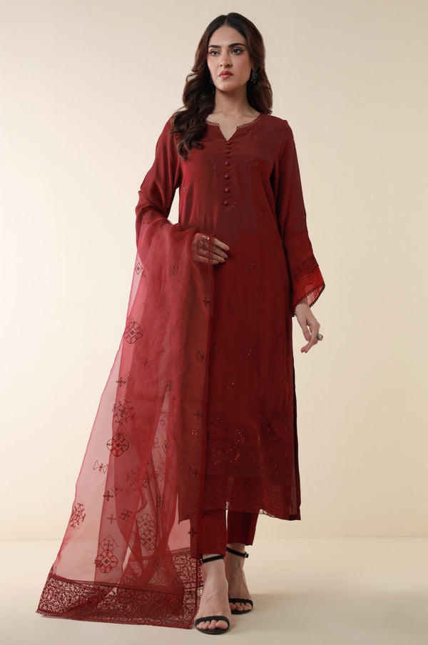 Unstitched 3 Piece Embroidered Raw Silk Suit