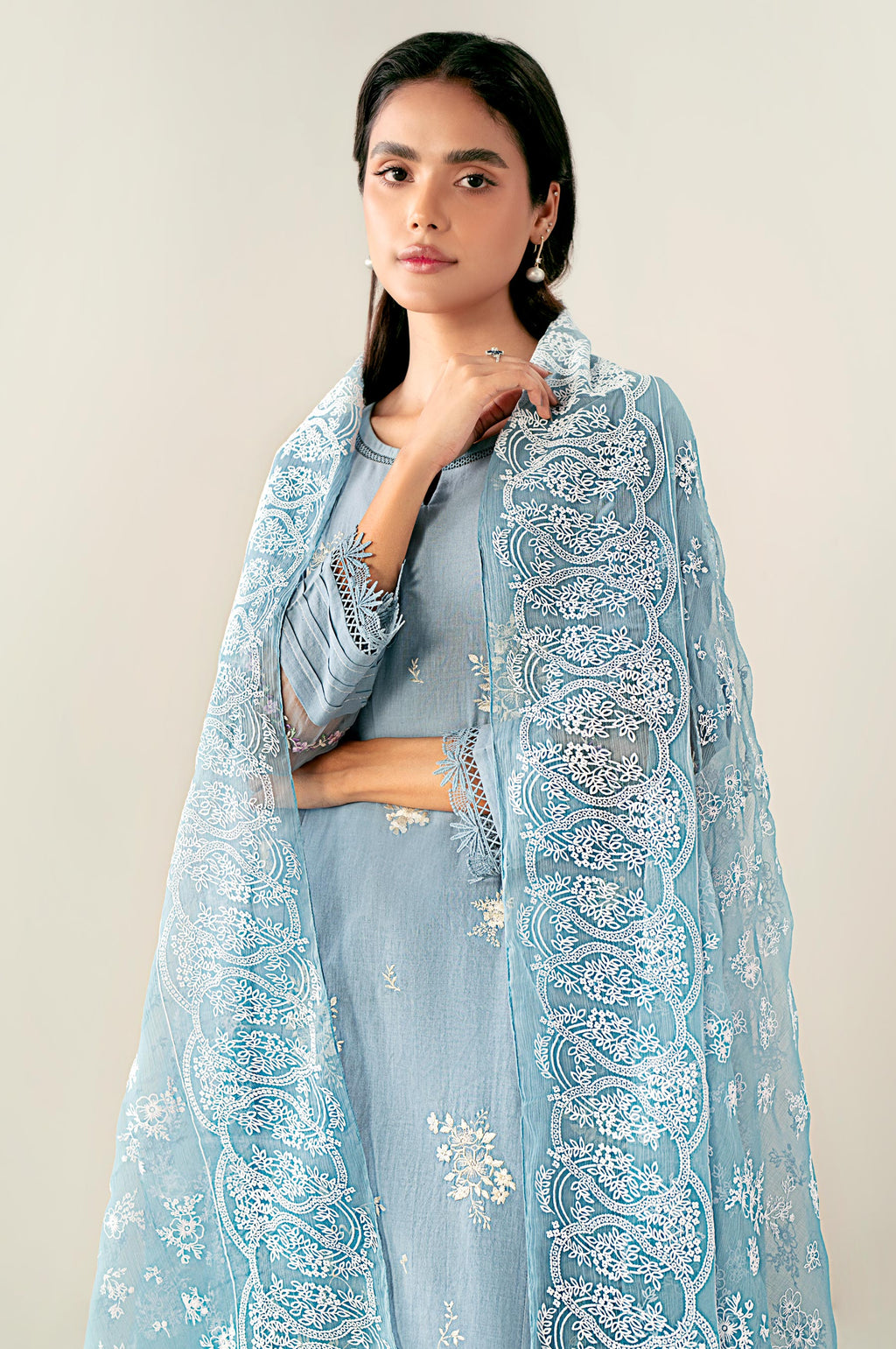 Unstitched 3 Piece Embroidered Cambric Shirt with Puff Print Chiffon Dupatta