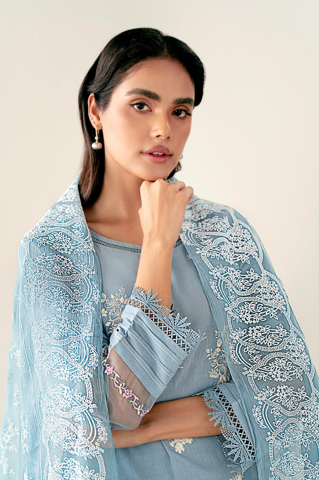 Unstitched 3 Piece Embroidered Cambric Shirt with Puff Print Chiffon Dupatta