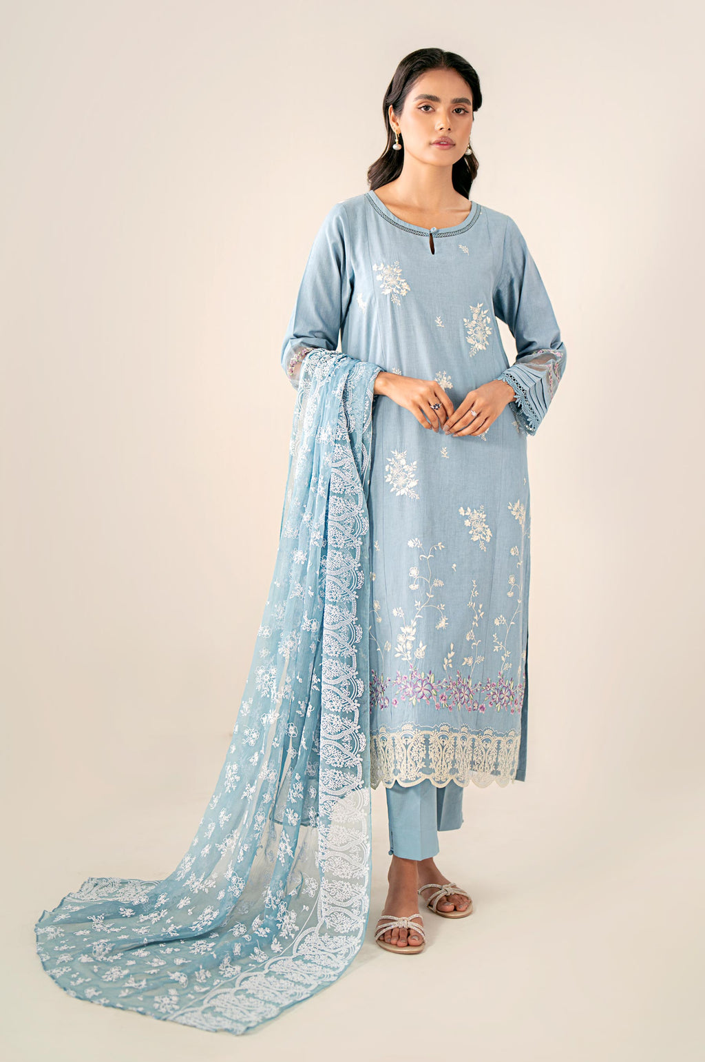 Unstitched 3 Piece Embroidered Cambric Shirt with Puff Print Chiffon Dupatta