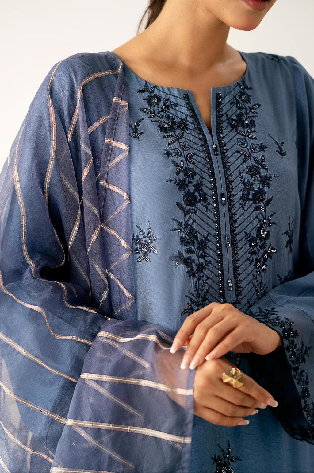 Unstitched 3 Piece Embroidered Raw Silk Suit