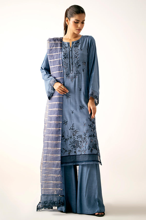 Unstitched 3 Piece Embroidered Raw Silk Suit