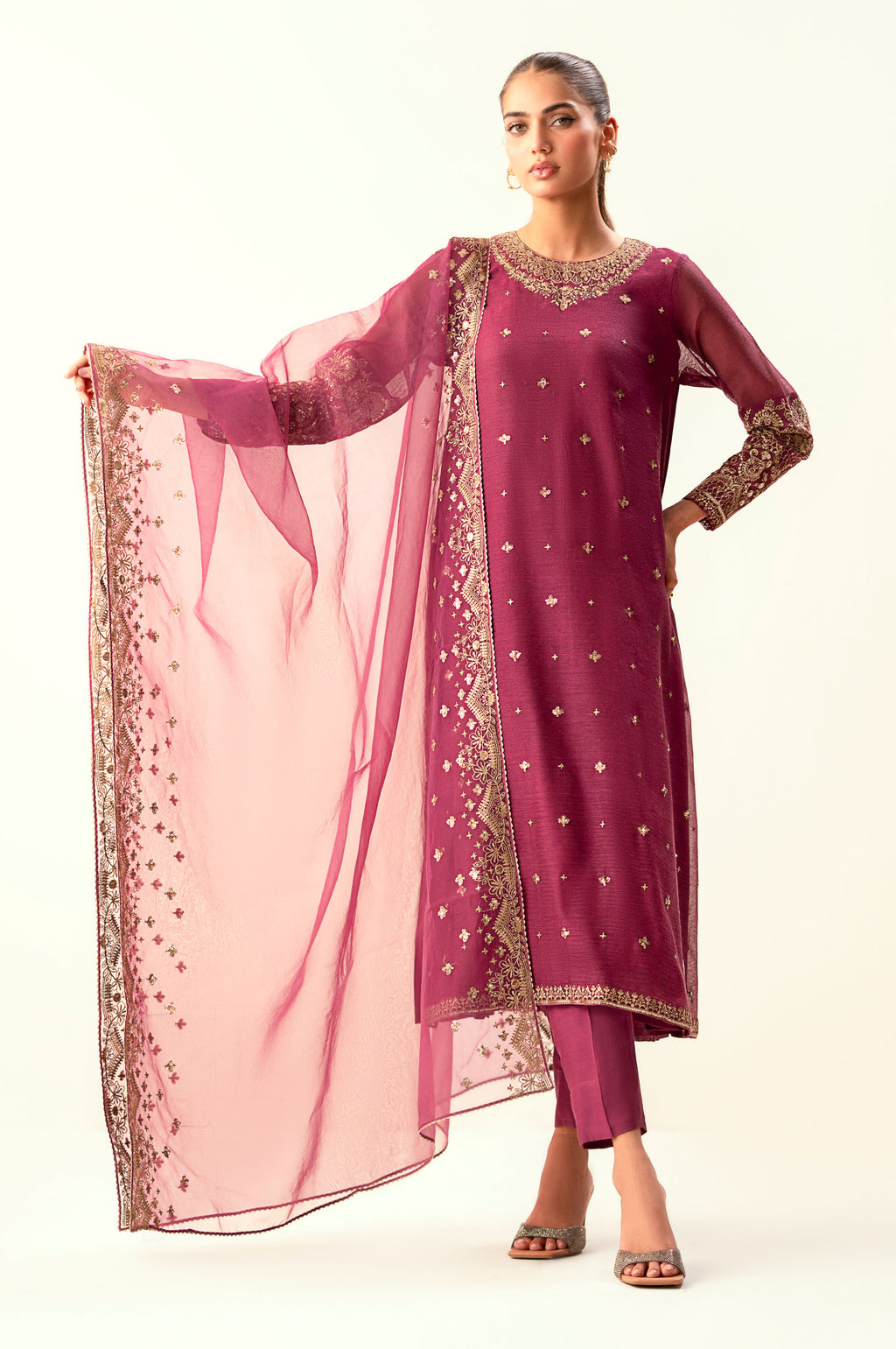 Unstitched 3 Piece Embroidered Khaddi Net Suit