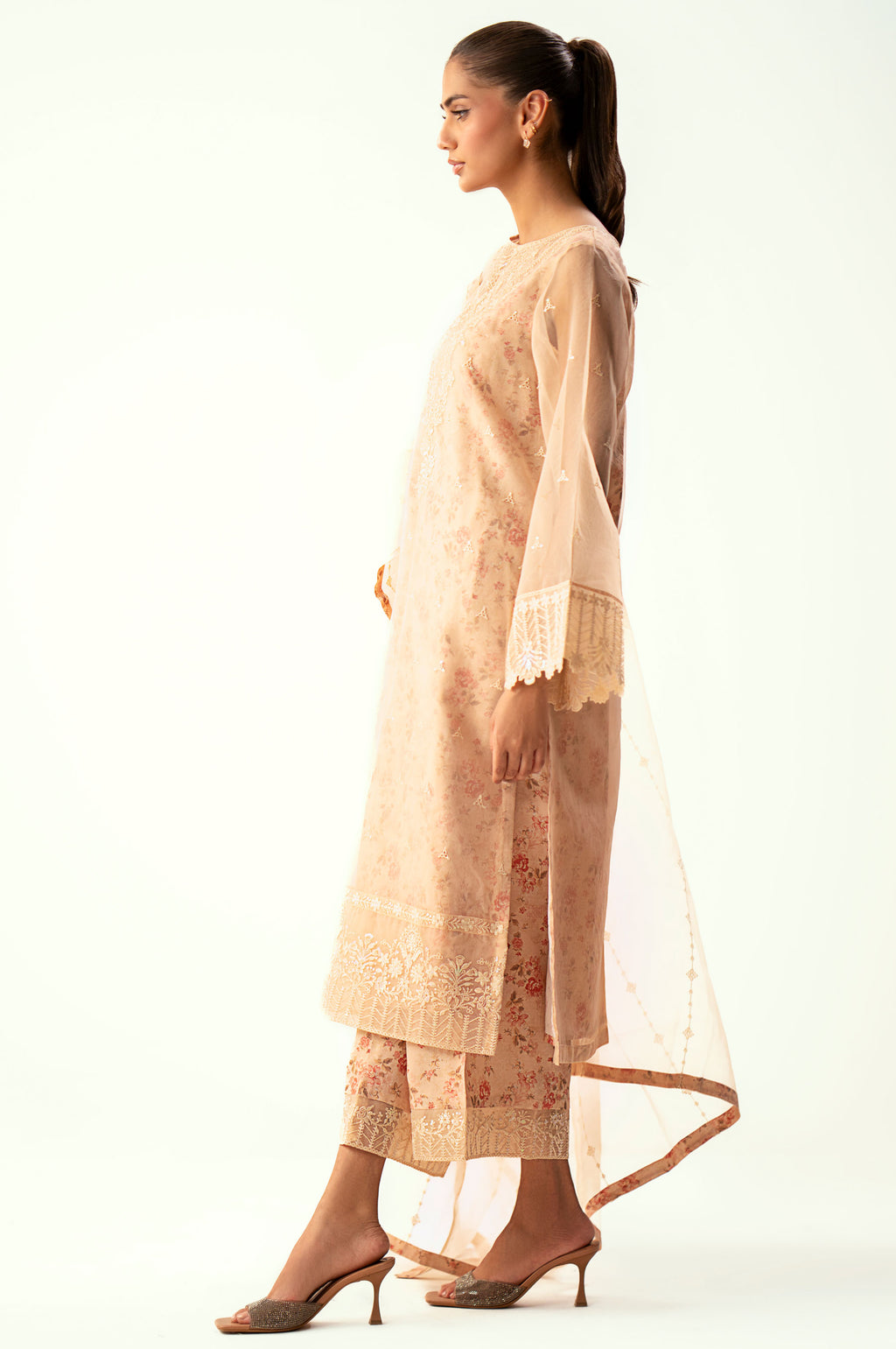 Unstitched 3 Piece Embroidered Digital Printed Silk + Organza Suit
