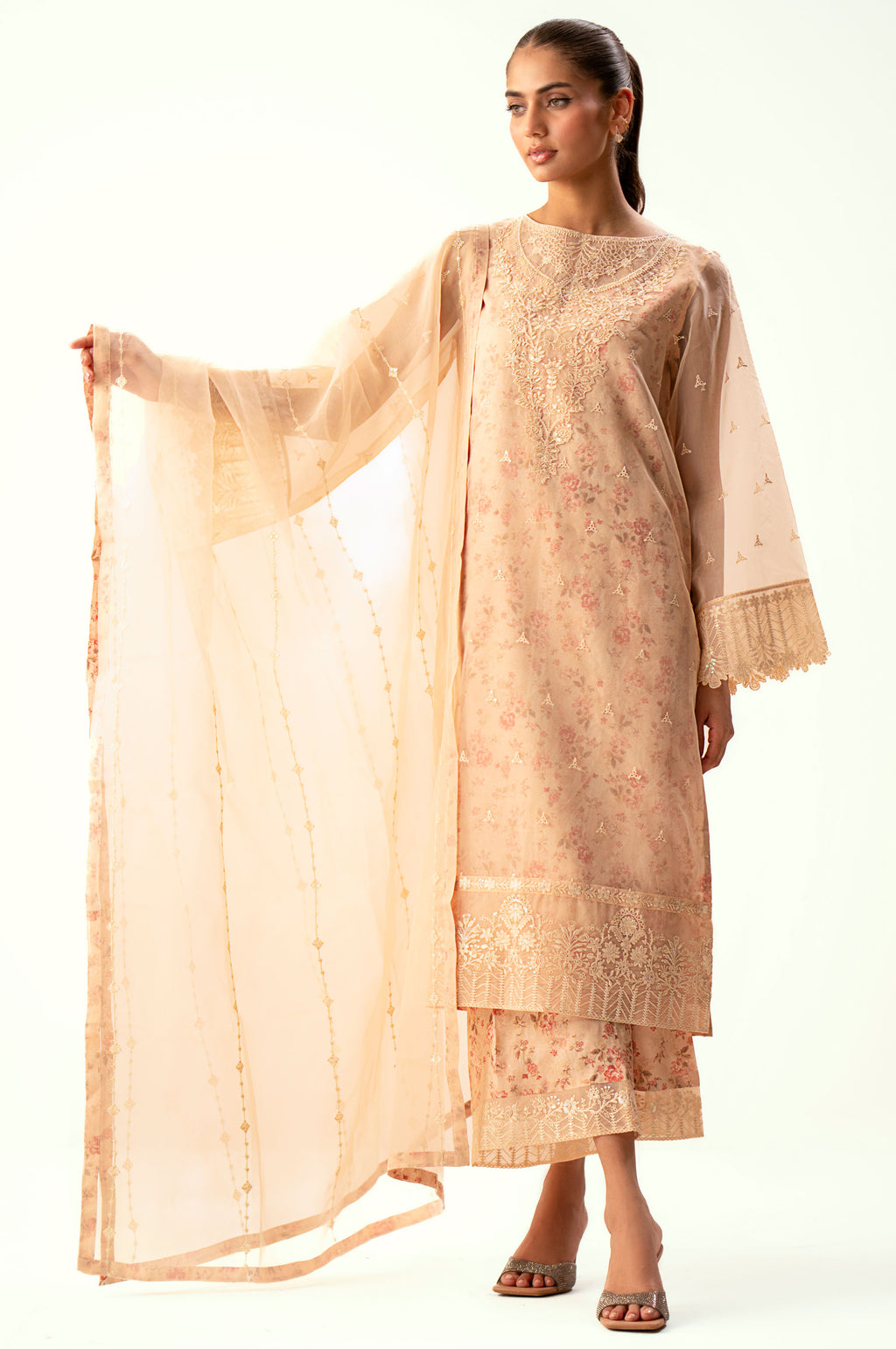 Unstitched 3 Piece Embroidered Digital Printed Silk + Organza Suit