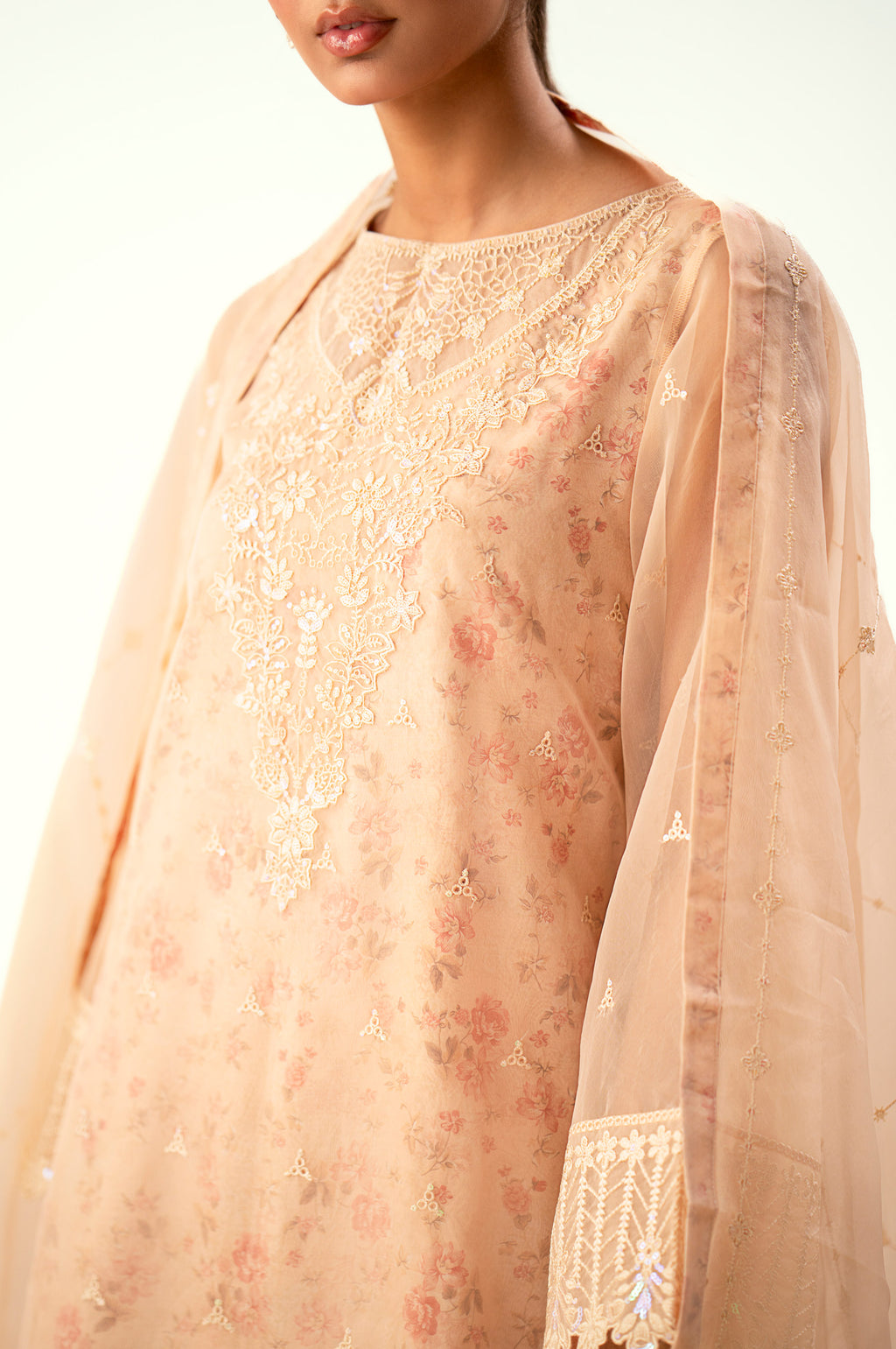 Unstitched 3 Piece Embroidered Digital Printed Silk + Organza Suit