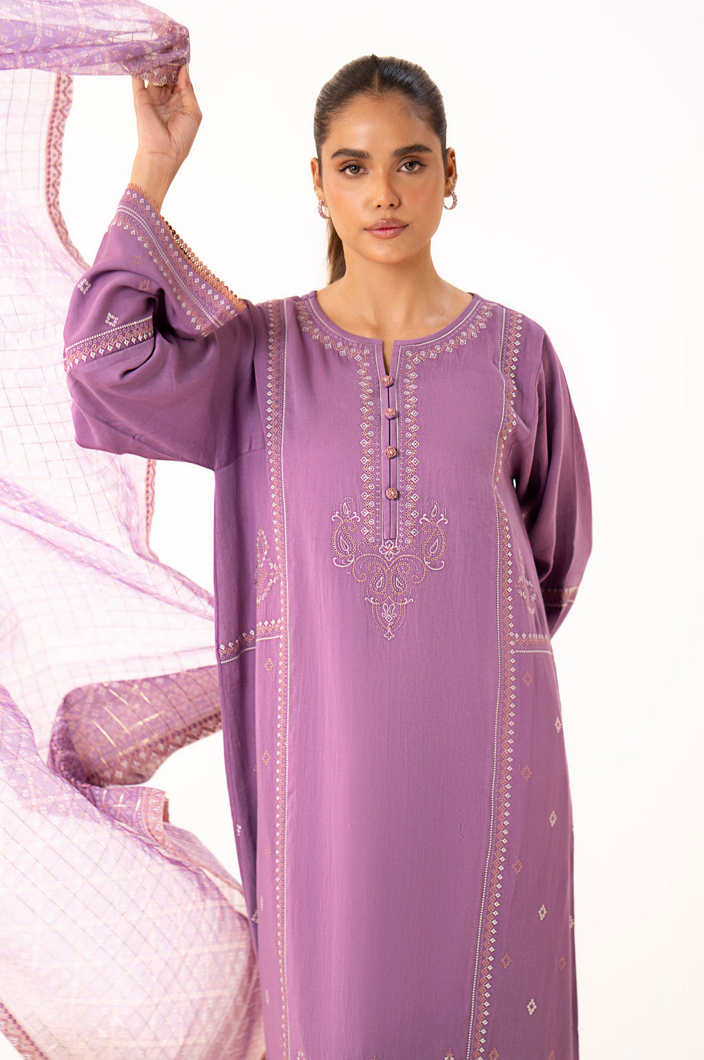 Unstitched 3 Piece Embroidered Cotton Satin Suit