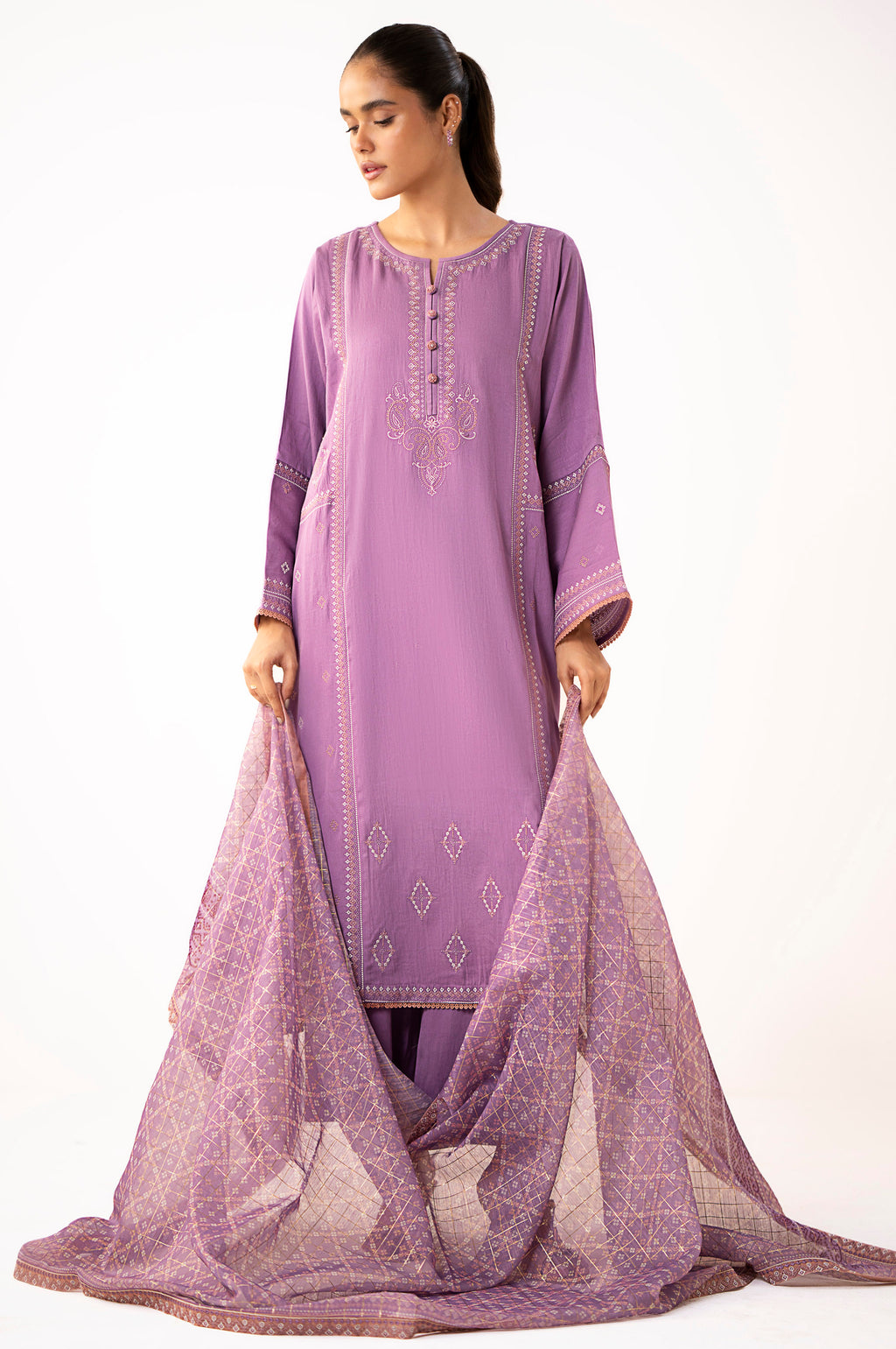 Unstitched 3 Piece Embroidered Cotton Satin Suit