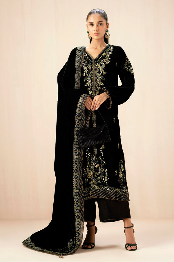 Unstitched 3 Piece Embroidered Velvet Suit - Black