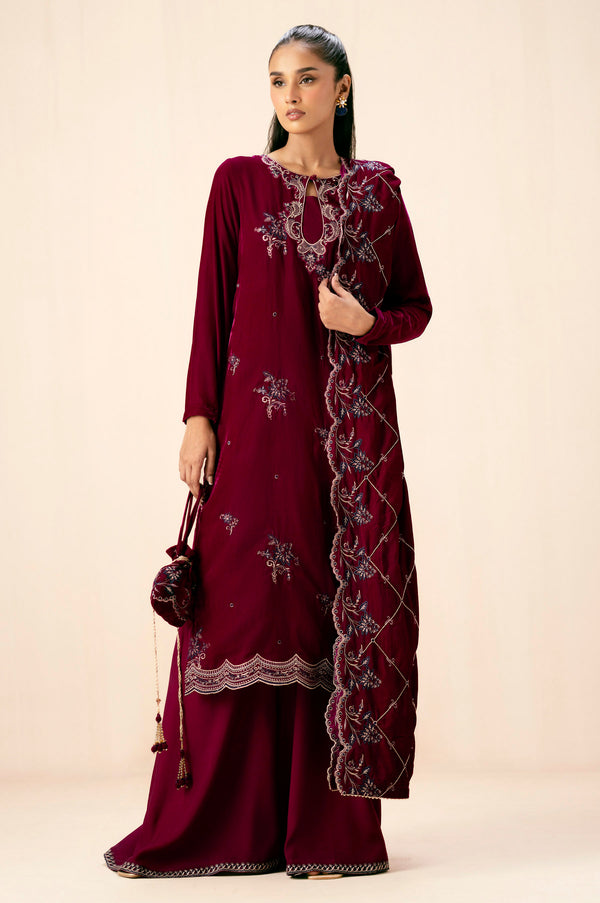 Unstitched 3 Piece Embroidered Velvet Suit - Fuschia