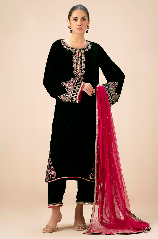 Unstitched 3 Piece Embroidered Velvet Suit