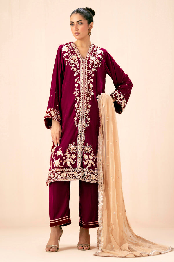 Unstitched 3 Piece Embroidered Velvet Suit - Magenta