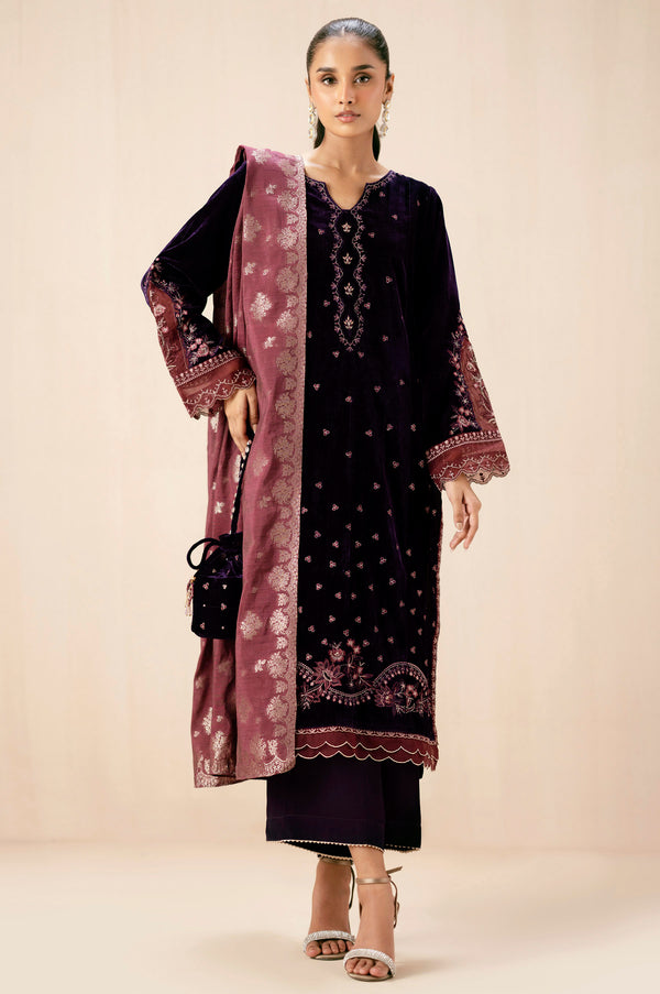 Unstitched 3 Piece Embroidered Velvet Suit