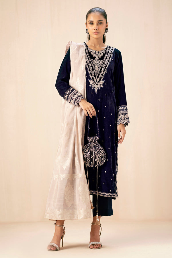 Unstitched 3 Piece Embroidered Velvet Suit - Blue