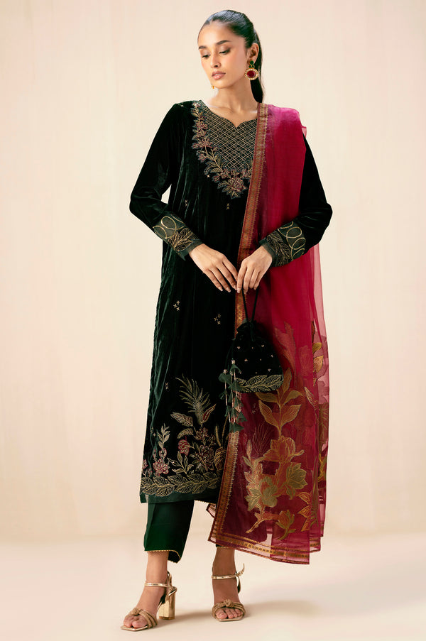 Unstitched 3 Piece Embroidered Velvet Suit - Leaf Green