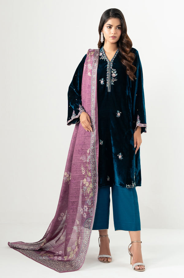 Unstitched 3 Piece Embroidered Velvet Suit - Dark Cyan