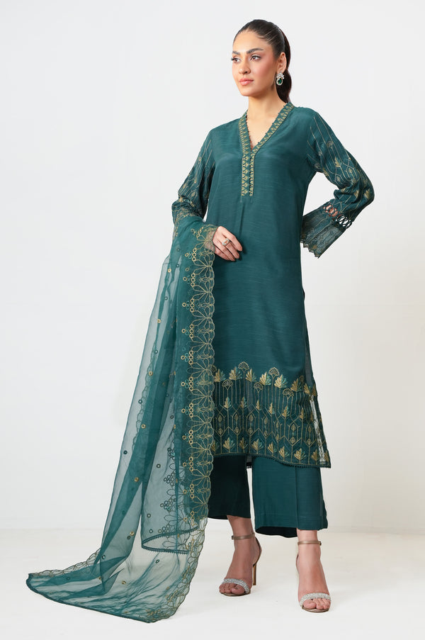 Unstitched 3 Piece Embroidered Raw Silk Suit