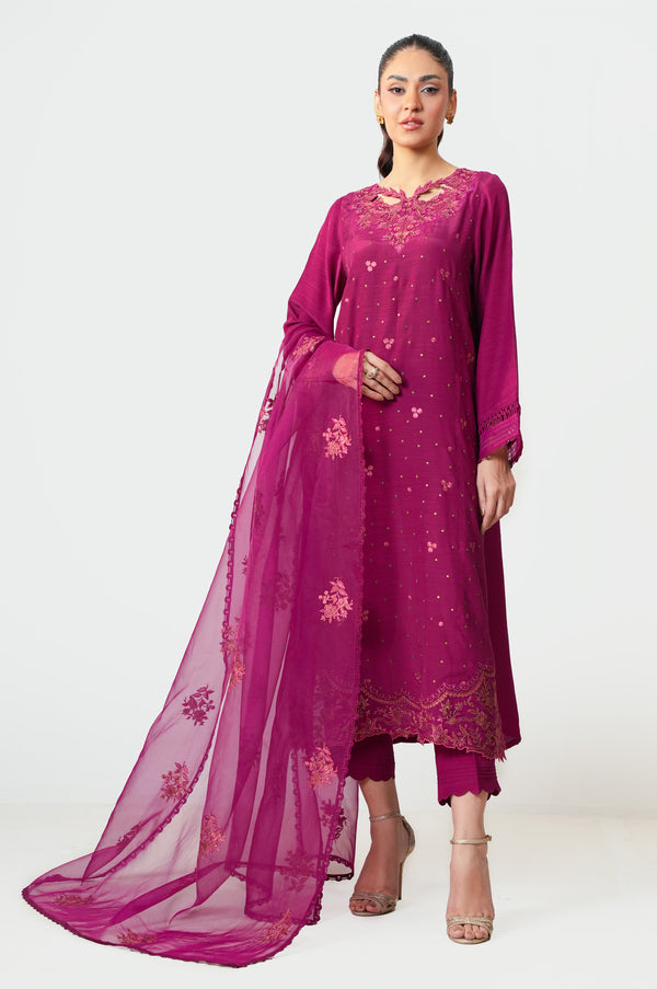 Unstitched 3 Piece Embroidered Raw Silk Suit