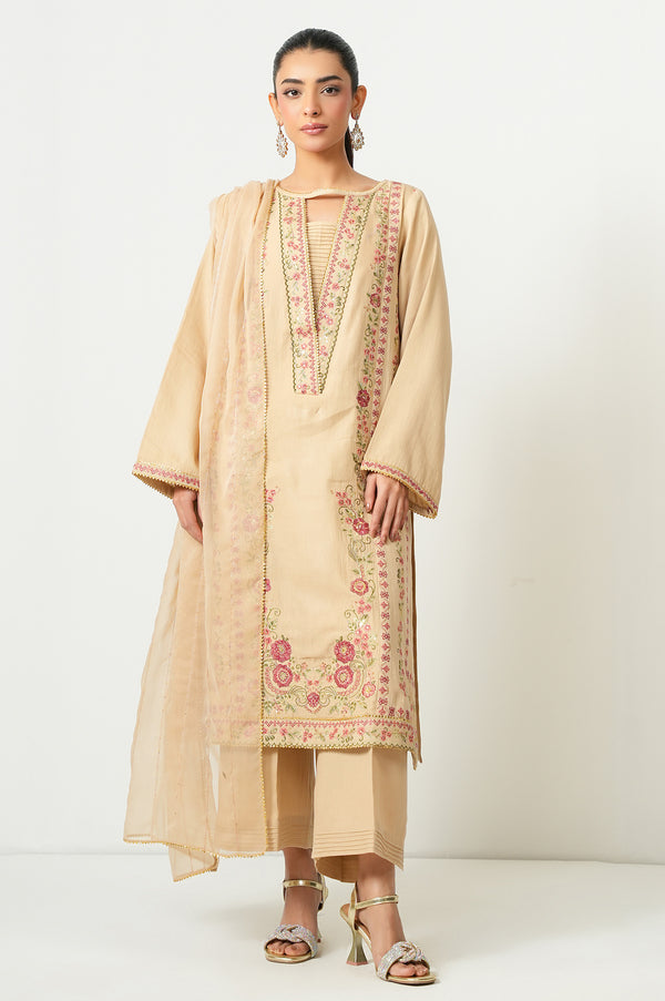 Unstitched 3 Piece Embroidered Cotton Satin Suit