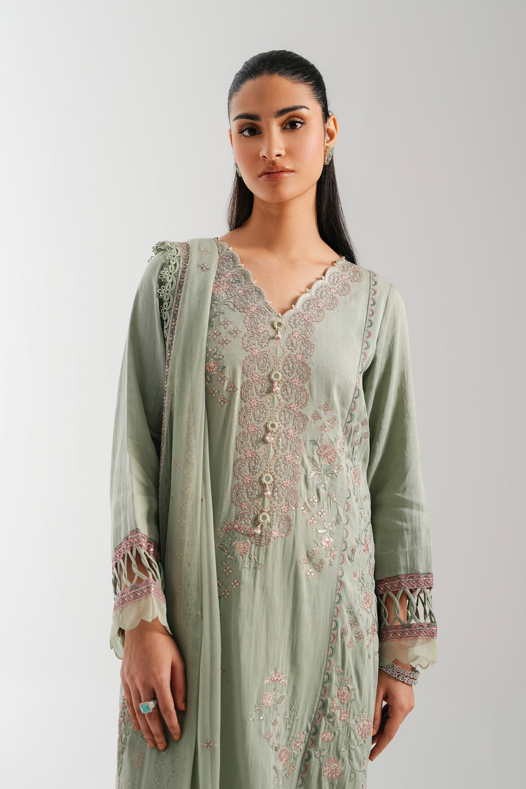 EMBROIDERED COTTON SATIN UNSTITCHED SHIRT BOTTOM