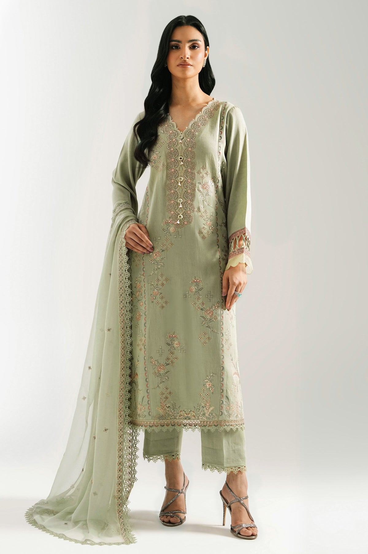 EMBROIDERED COTTON SATIN UNSTITCHED 3 PIECE SUIT