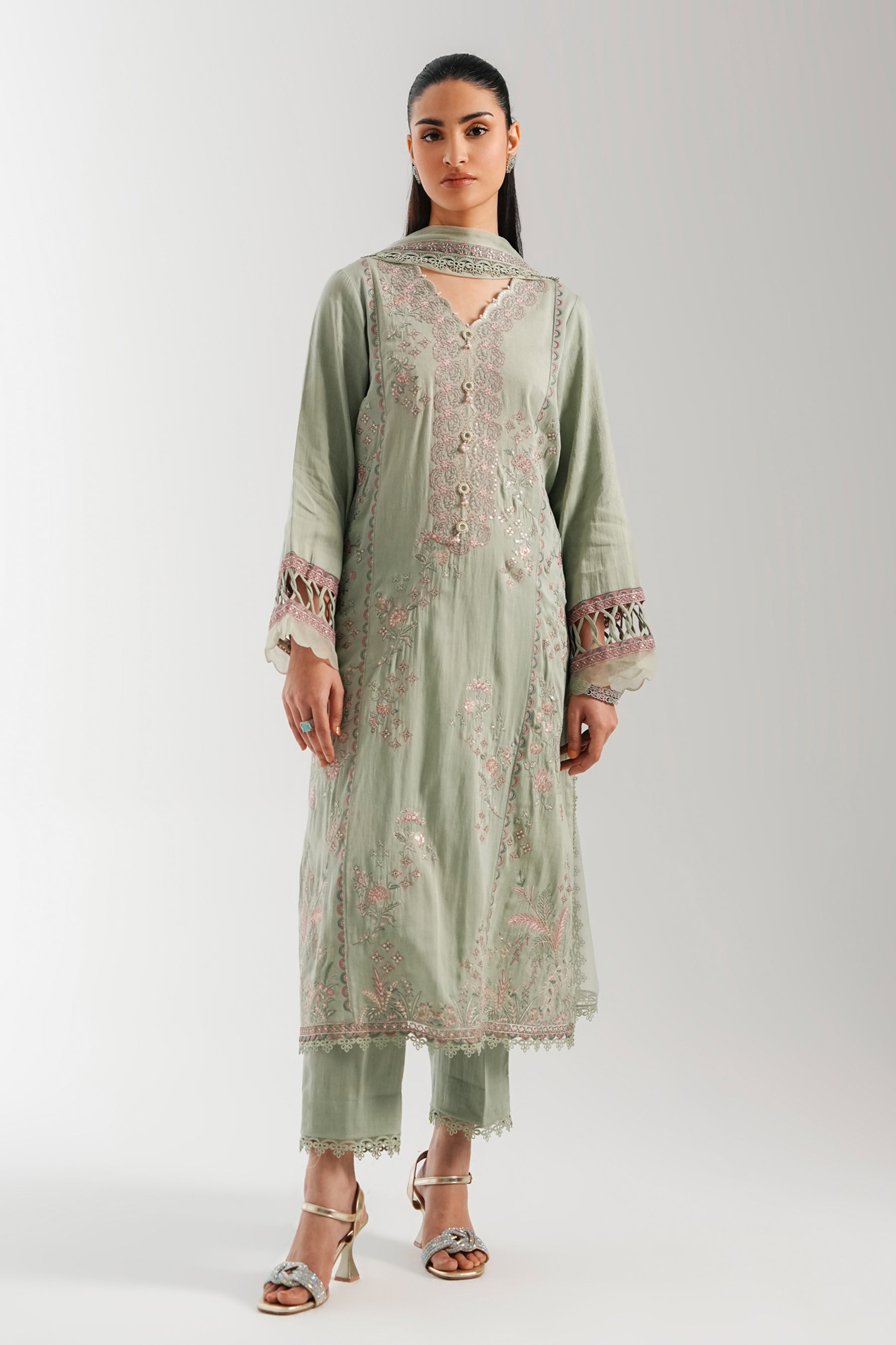 EMBROIDERED COTTON SATIN UNSTITCHED SHIRT BOTTOM