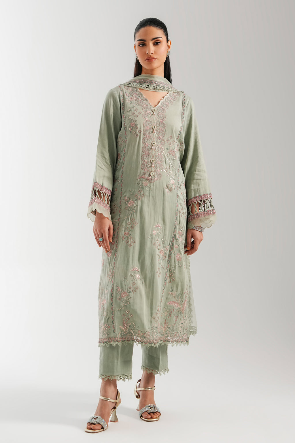 EMBROIDERED COTTON SATIN UNSTITCHED SHIRT BOTTOM