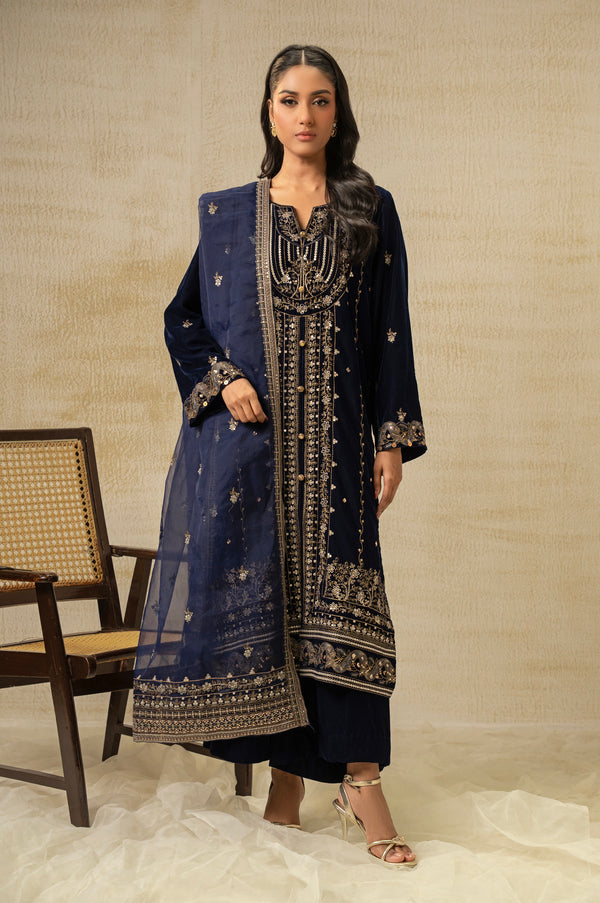 UNSTITCHED EMBROIDERED VELVET SUIT