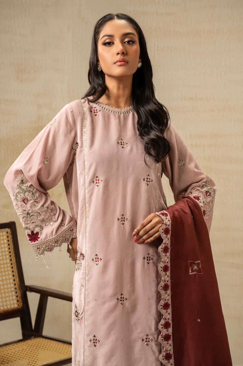 UNSTITCHED EMBROIDERED VELVET SUIT