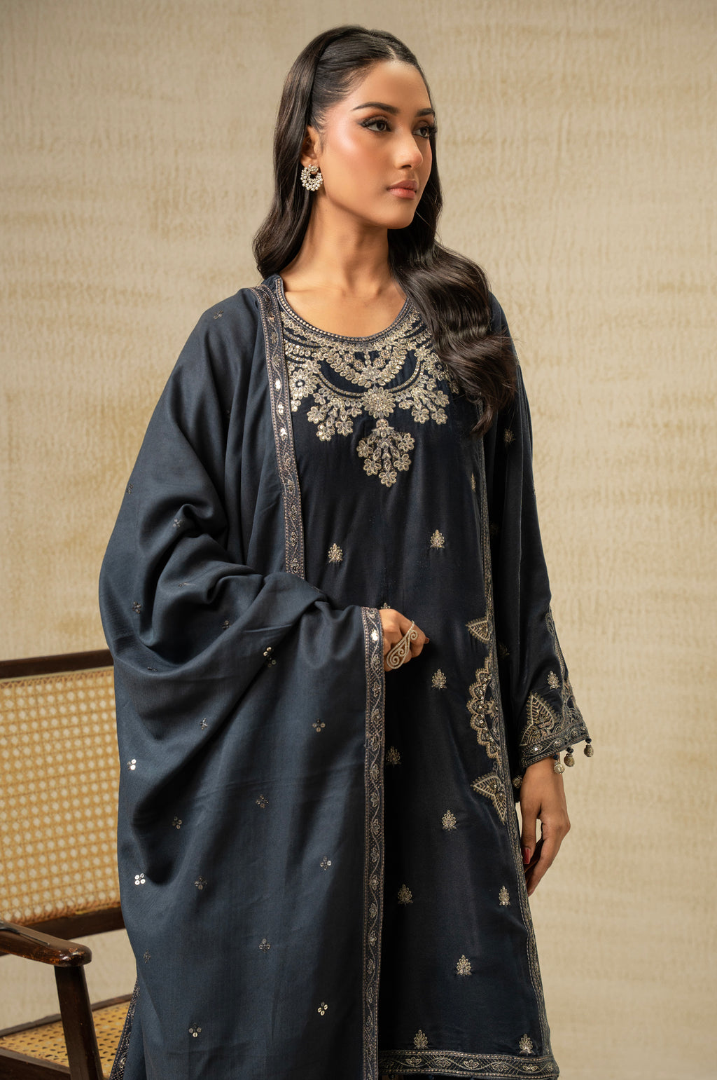 UNSTITCHED EMBROIDERED VELVET SUIT
