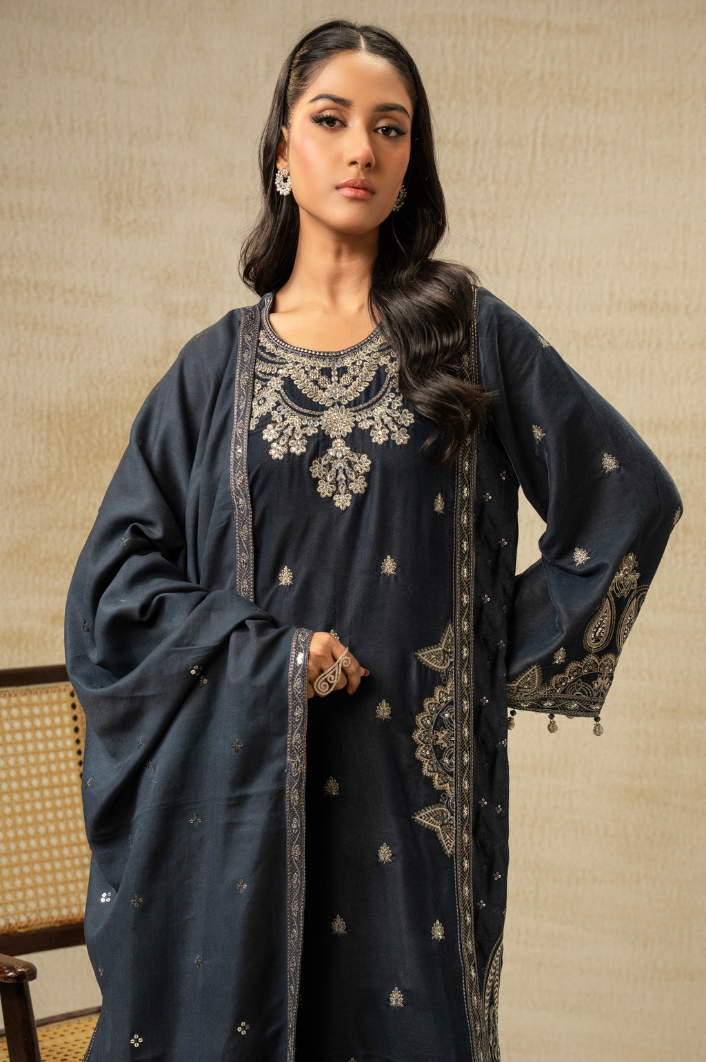 UNSTITCHED EMBROIDERED VELVET SUIT