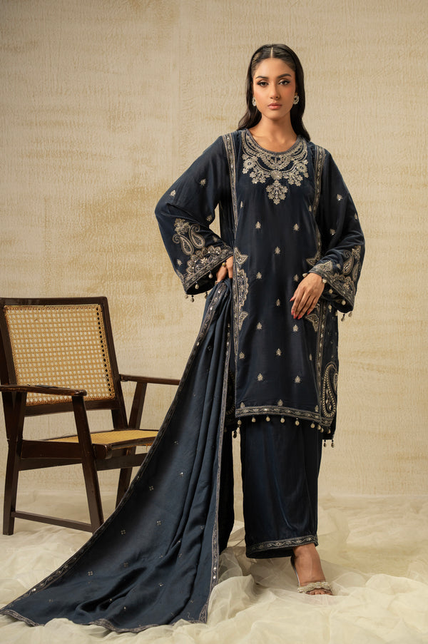 UNSTITCHED EMBROIDERED VELVET SUIT