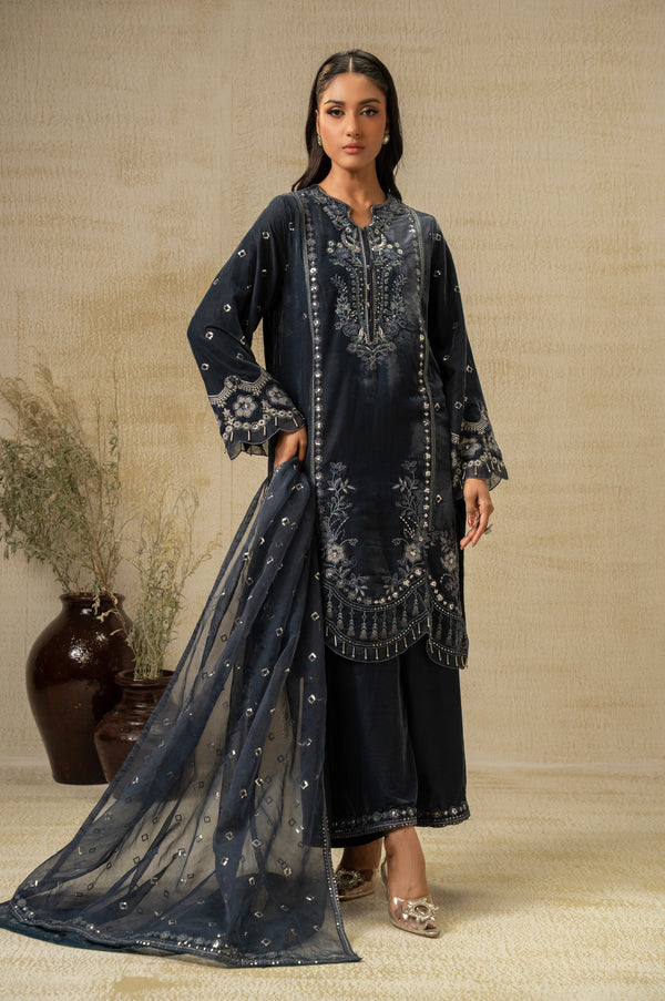 UNSTITCHED EMBROIDERED VELVET SUIT